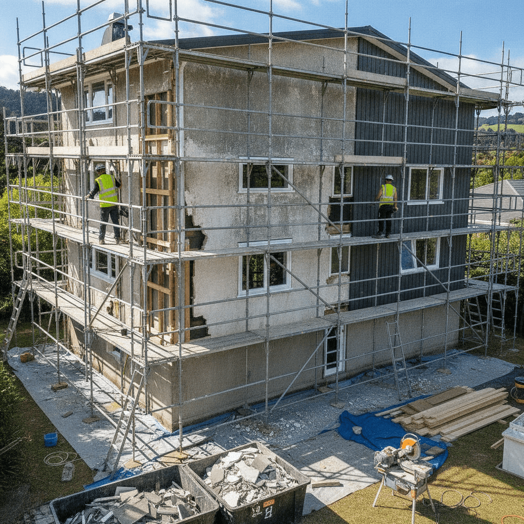 New Zealand house undergoing recladding from Rockcote plaster to modern weatherboard