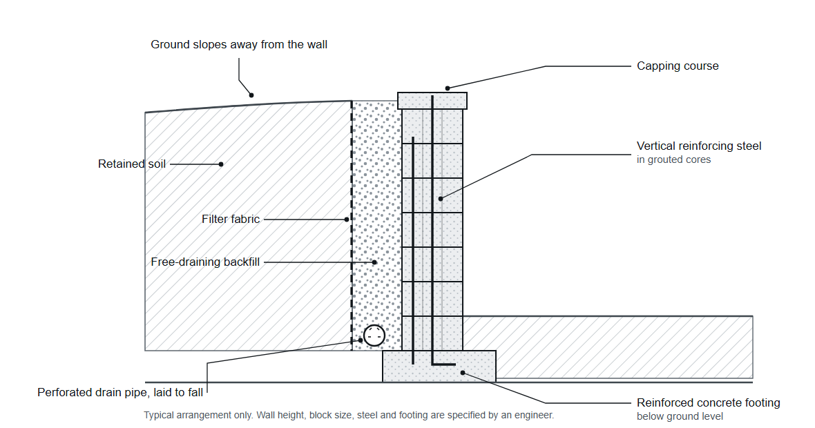 Cross-section of a concrete block retaining wall showing retained soil, free-draining backfill, filter fabric, a perforated drain pipe, vertical reinforcing steel in grouted cores and a reinforced concrete footing
